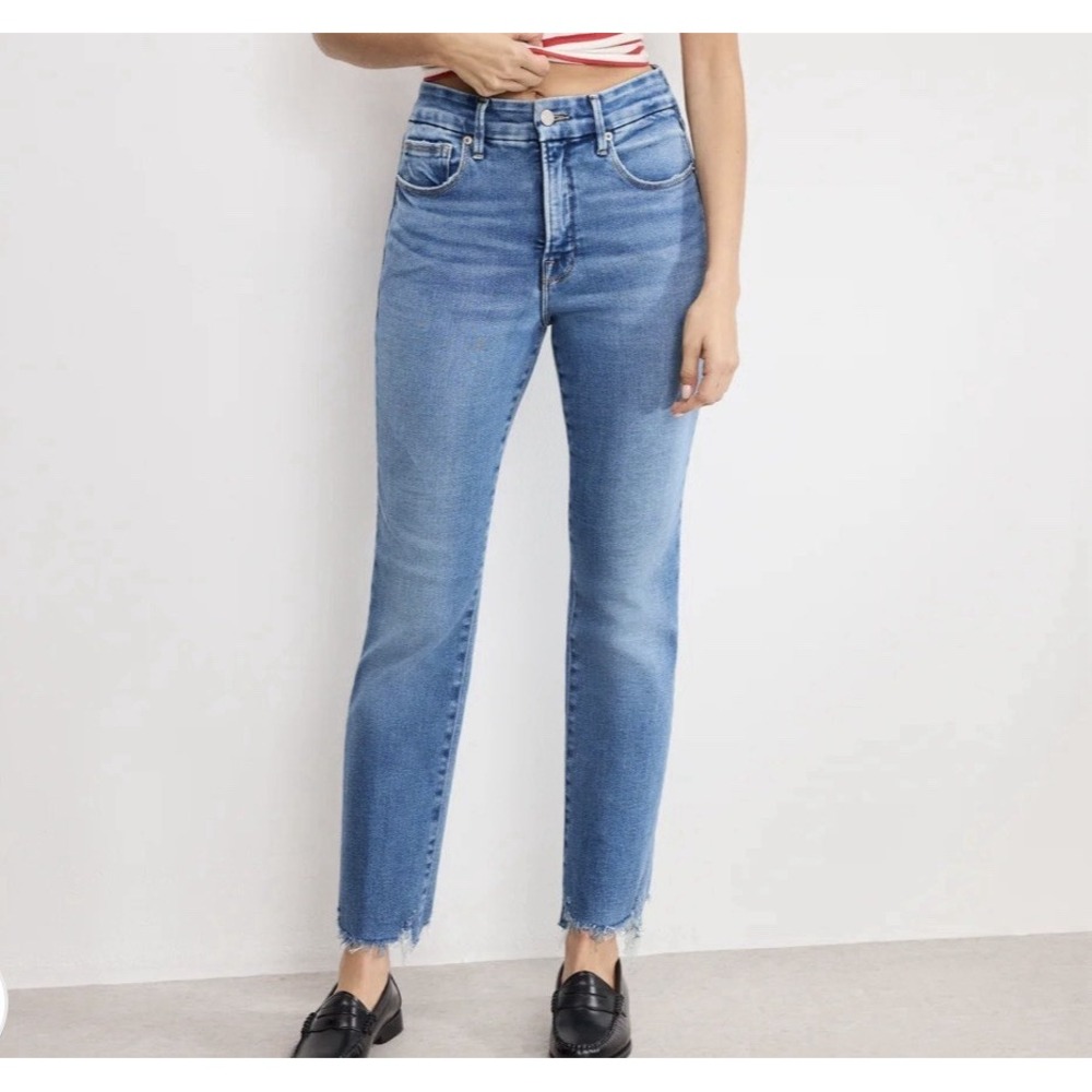 Good American Womens Good Legs Straight Light Compression Jeans Raw Hem Sz 14/32